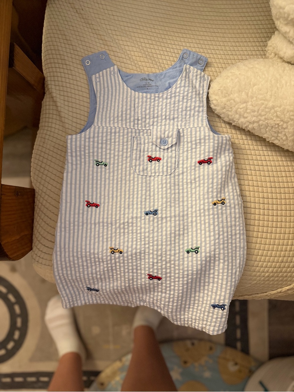 Little Me Blue and White Striped Seersucker Romper with Embroidered Cars
